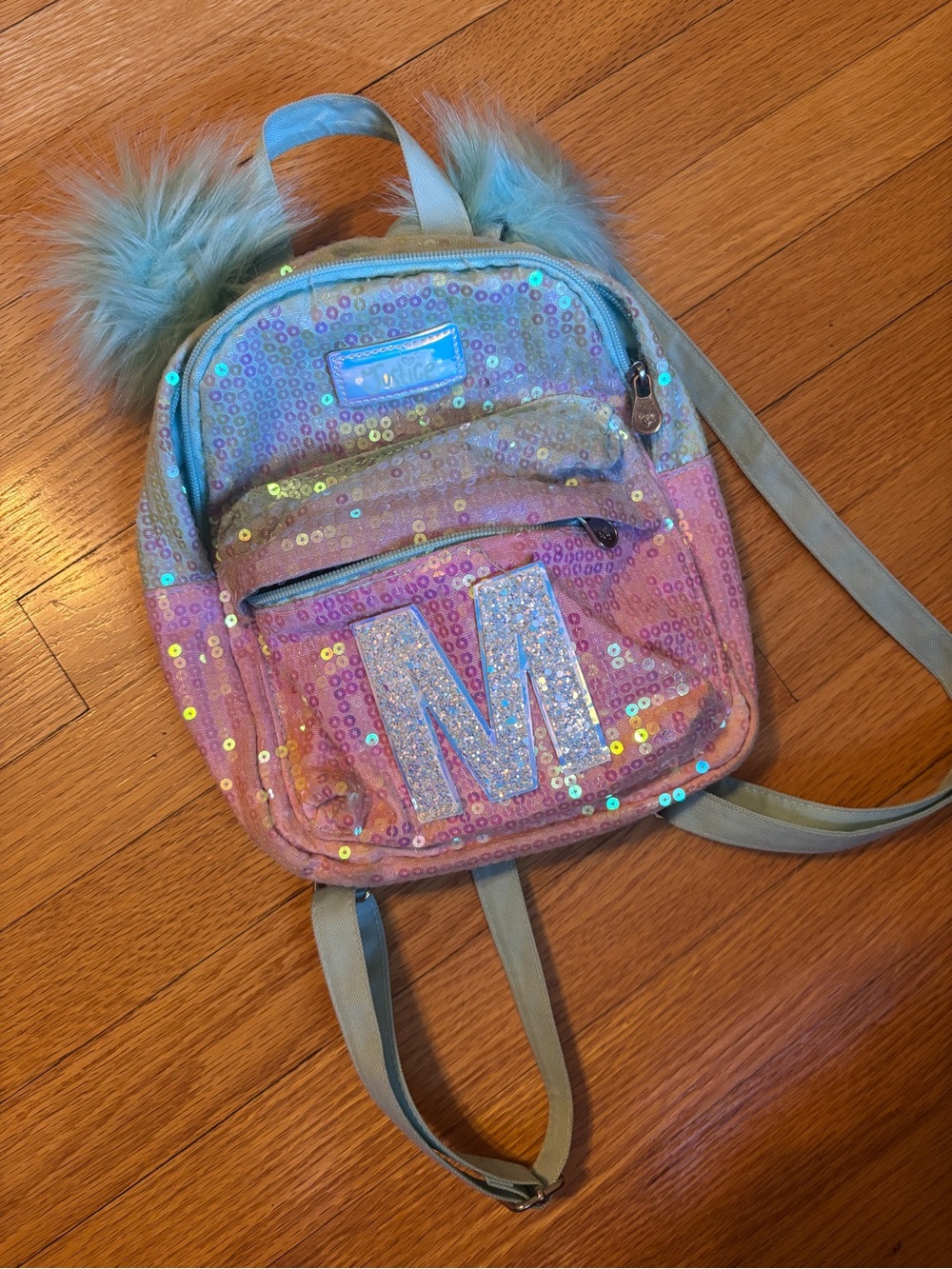 Justice Sequin Ombre Mini Backpack with Faux Fur Pom Poms - Pink/Blue